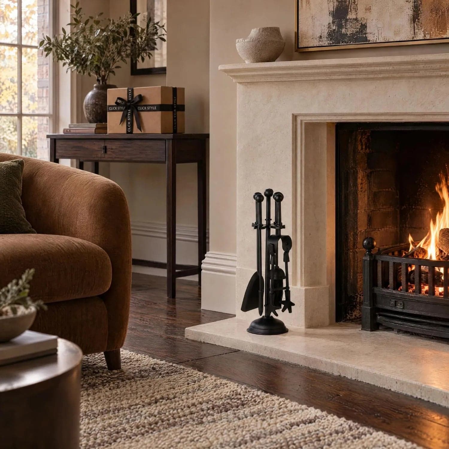 Black Fireside Companion Set with Ball-Topped Handles – 4 Fireplace Tools & Stand 40x12x12cm